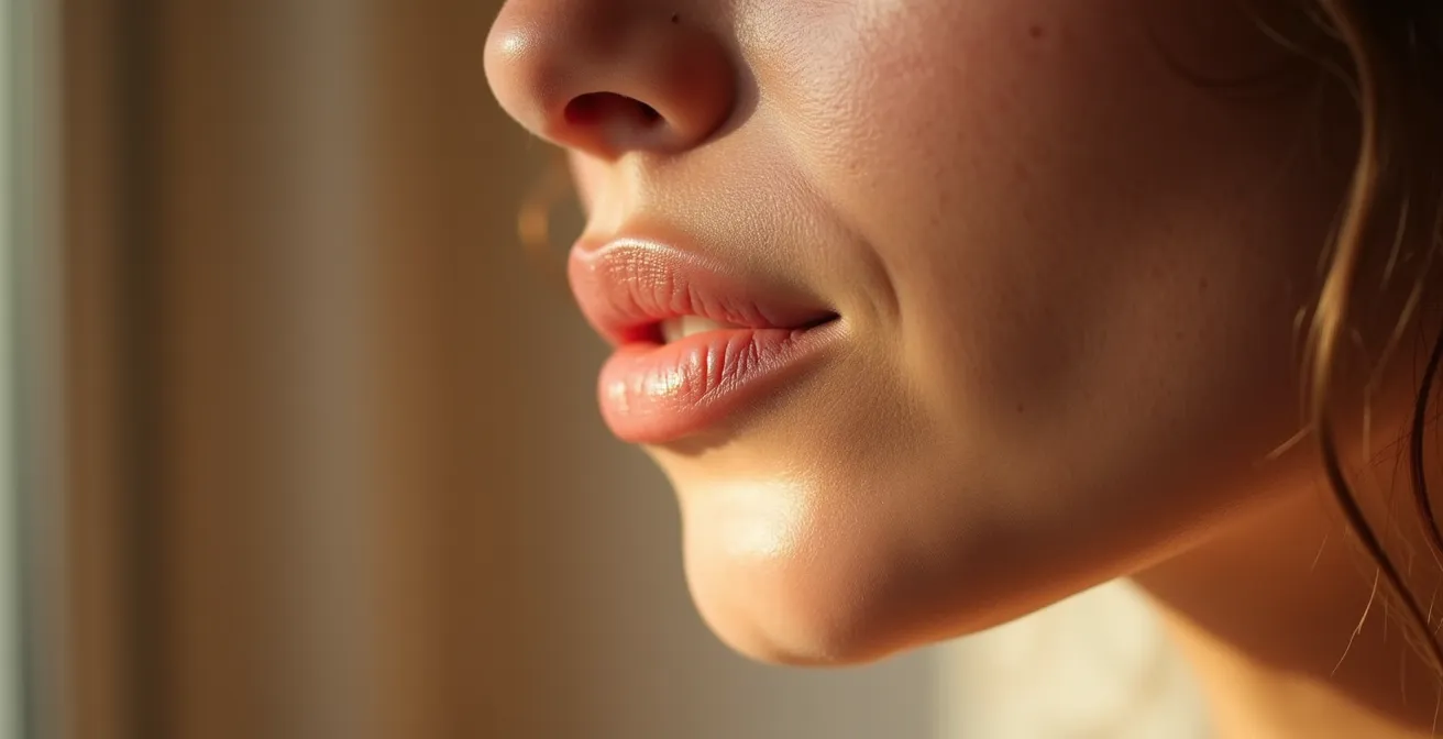 Femme pratiquant des mouvements doux du visage dans une lumière matinale apaisante