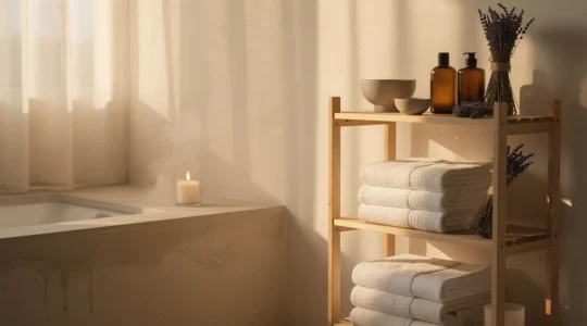 Salle de bain transformée en sanctuaire sensoriel avec lumière tamisée et éléments naturels