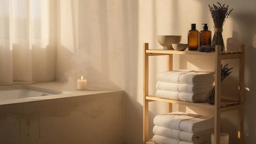 Salle de bain transformée en sanctuaire sensoriel avec lumière tamisée et éléments naturels