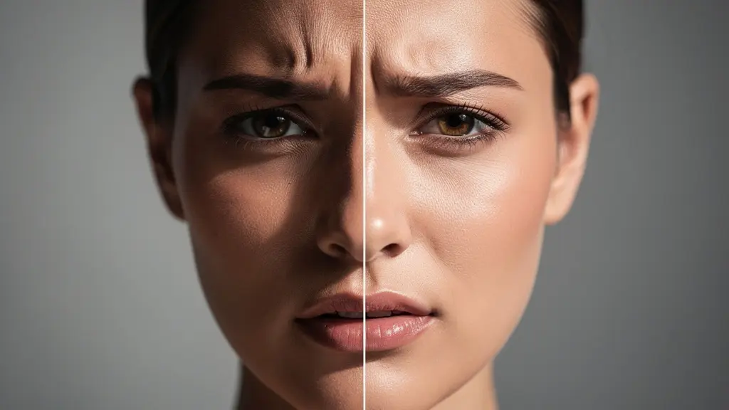 Visage féminin serein en transition entre stress et détente pour la beauté