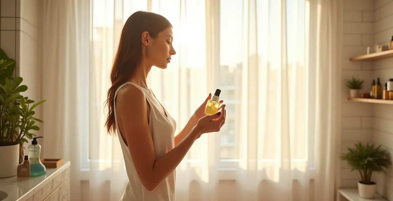 Gros plan sur des mains appliquant un sérum par pression douce sur les joues