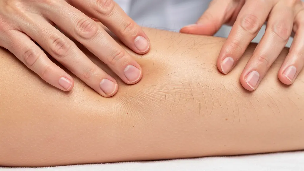 Mains expertes effectuant un drainage lymphatique avec pression douce sur une jambe