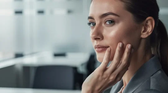 Femme professionnelle au teint lumineux dans un bureau moderne éclairé par une lumière douce