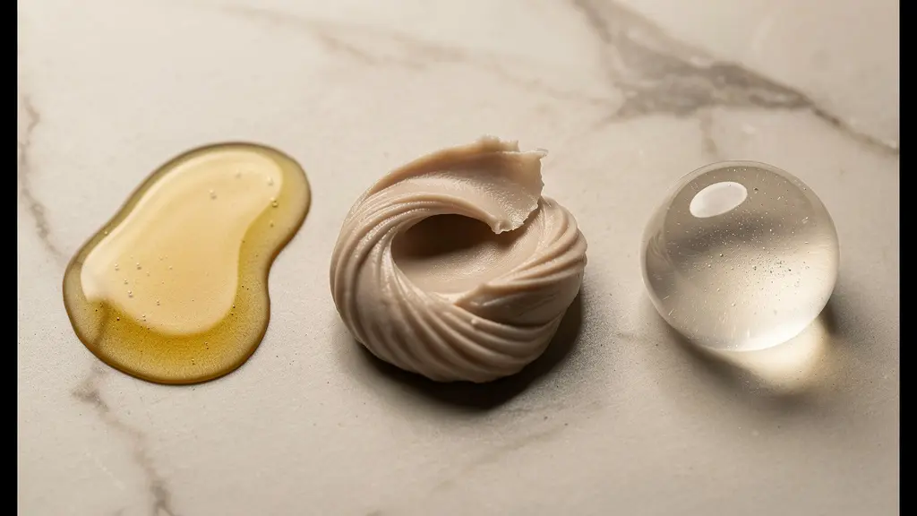 Gros plan sur trois textures de soins différentes sur une surface de marbre