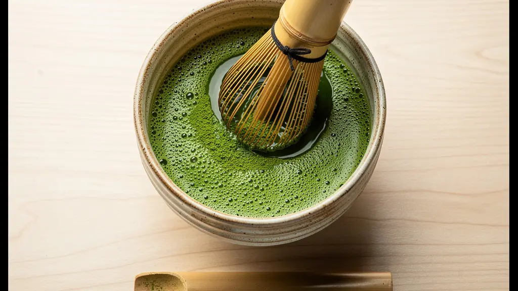 Préparation traditionnelle du thé matcha avec fouet en bambou dans un bol chawan
