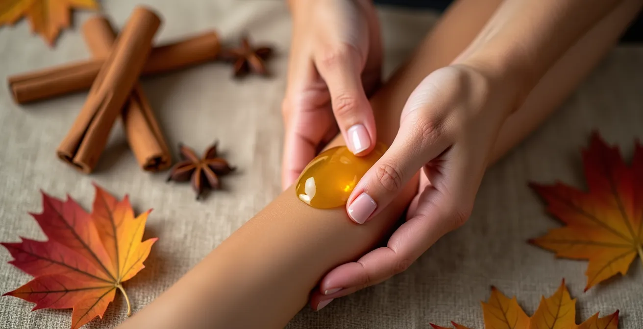 Mains appliquant une huile dorée sur la peau avec des éléments naturels d'automne
