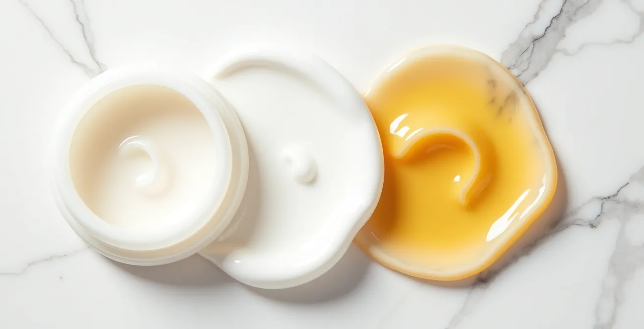 Vue macro de trois textures cosmétiques différentes sur une surface de marbre