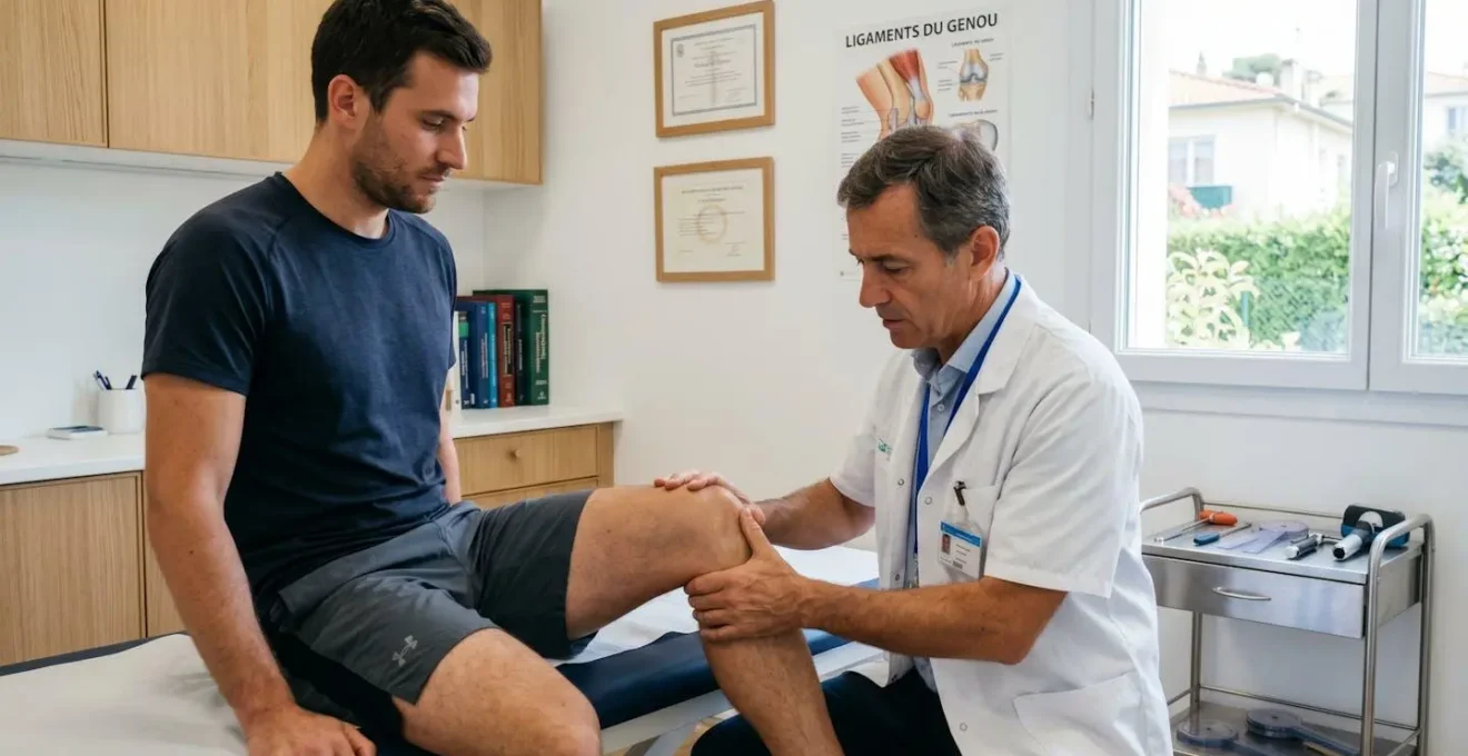 Chirurgien orthopédiste examinant le genou d'un patient sportif lors d'une consultation dans un cabinet médical moderne à Nice