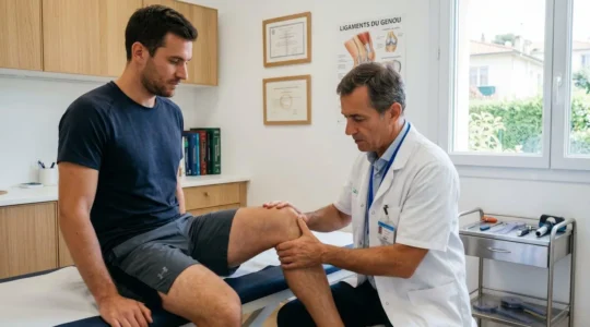 Chirurgien orthopédiste examinant le genou d'un patient sportif lors d'une consultation dans un cabinet médical moderne à Nice