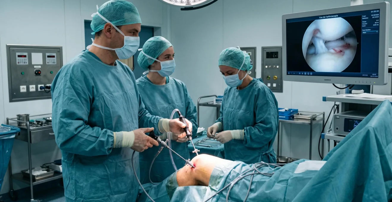 Équipe chirurgicale réalisant une arthroscopie du genou dans un bloc opératoire moderne avec écran de contrôle affichant l'intérieur de l'articulation