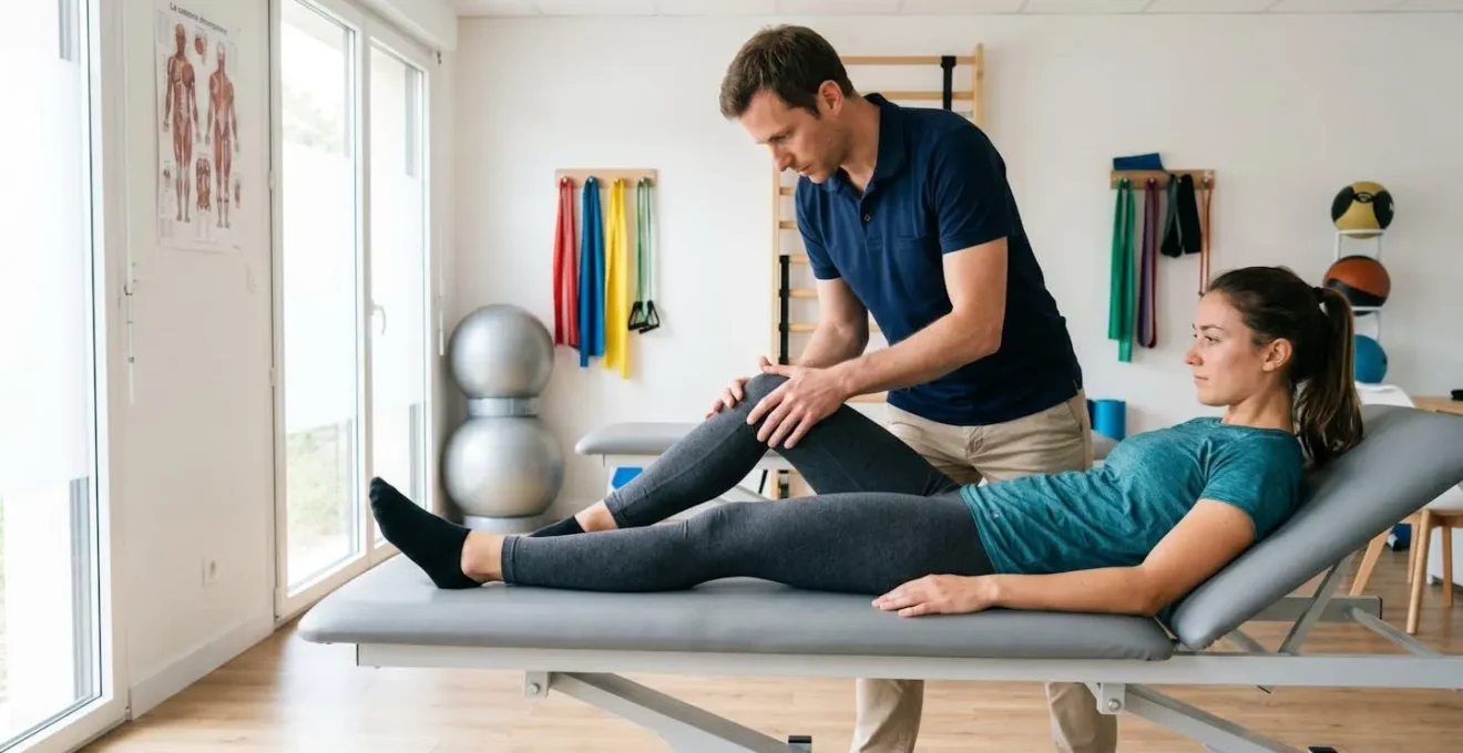 Kinésithérapeute guidant une patiente sportive lors d'un exercice de renforcement musculaire du genou dans un cabinet de rééducation moderne