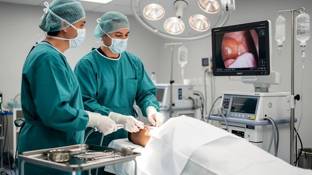 Équipe chirurgicale réalisant une arthroscopie du genou dans un bloc opératoire moderne