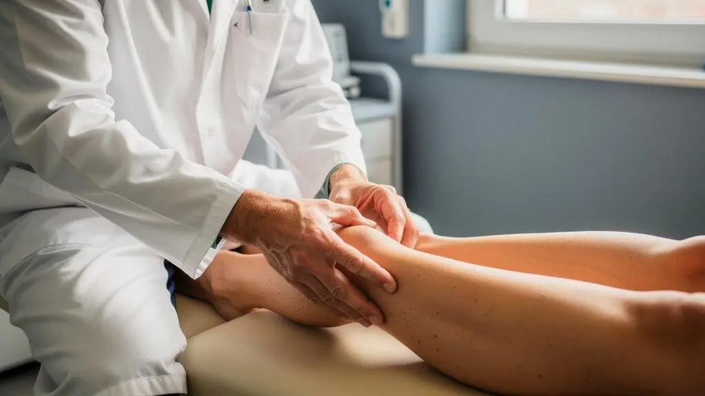 Chirurgien orthopédiste examinant le genou d'un patient lors d'une consultation pré-opératoire