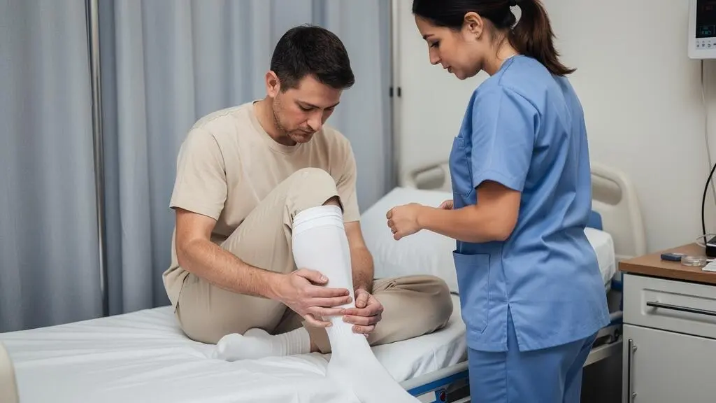 Patient enfilant des bas de contention en zone de préparation pré-opératoire assisté par une infirmière