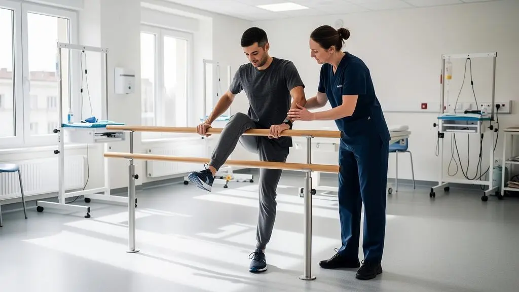 Patient effectuant des exercices de mobilisation du genou assisté par un kinésithérapeute en salle de rééducation